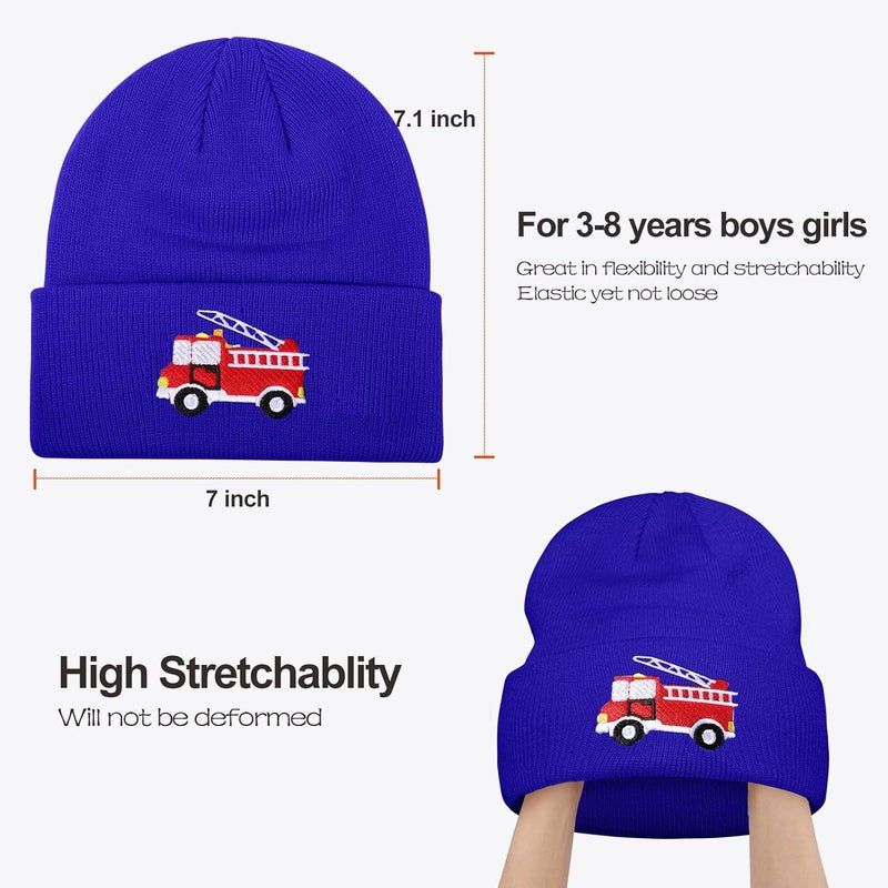 KDVOG Store Kids Knit Beanie Cute Fire Trucks Embroidery Warm Cuffed Skull Caps Classic Autumn Winter Hats for Boys Girls 3-8 Years - Image 4